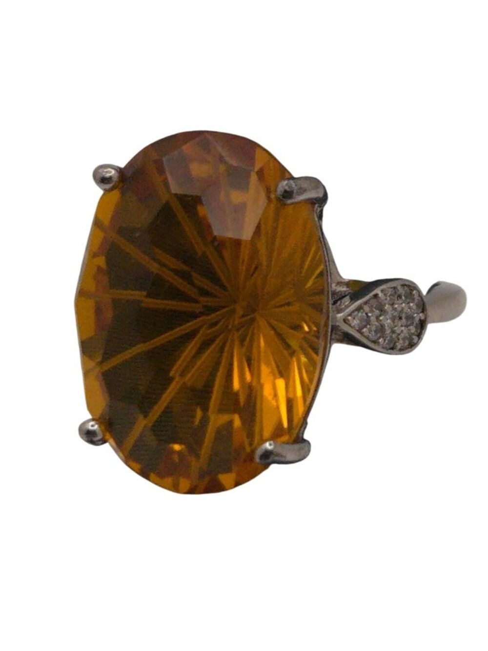 Citrine Statement Gemstone Ring Sterling Silver Band & Rhinestone Accents 6 Oval